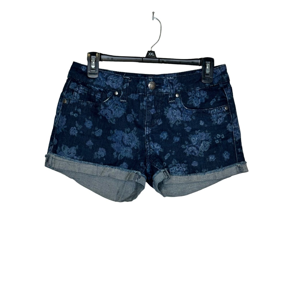 Maurices Womens Shorts Floral Stretch Denim Cotton Blend Cuff Raw Hem Blue 5/6